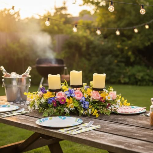 Spring Summer Centerpiece with 3 Candle Holders, 24 Inch Colorful Artificial Wildflower Arrangement with Roses, Daisies, and Irises, Ideal for Farmhouse and Country Style Table Decorations
