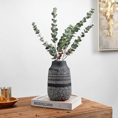 9" Textured Vase with Linear Stripe, Rustic Ceramic Vase for Home Office Tabletop Decor, Industrial, Vintage & Farmhouse Style, Slender & Dark Grey - color: 9" Dark Grey