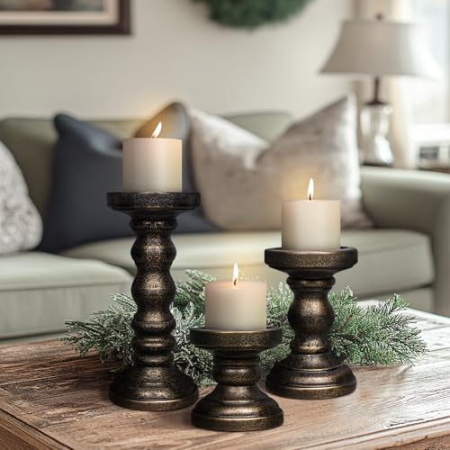 Candle Holder for Pillar Candle Set of 3, Farmhouse Wood Candle Holder, Rustic Wooden Candle Stand, Vintage Tall Candle Stand Decorative for Living Room, Table Centerpiece, Black Gold - color: Black Gold