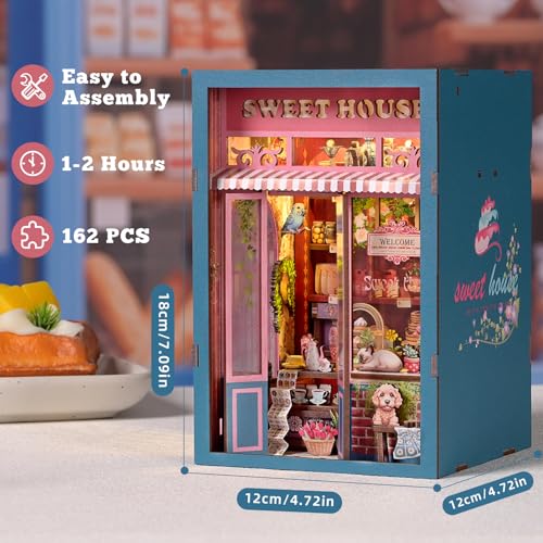 Book Nook Kit, Book Nook Kits for Adults DIY Booknook Model Build, DIY 3D Wooden Puzzle Bookend Booknook Bookshelf Insert Miniature Dollhouse Kit for Home Decoration - style: Sweet House