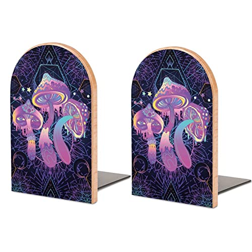 Magic Mushrooms Psychedelic Art Pattern Wood Bookends Decorative Bookend Non-Skid Office Book Stand for Books Office Files Magazine, Wood-style, One Size