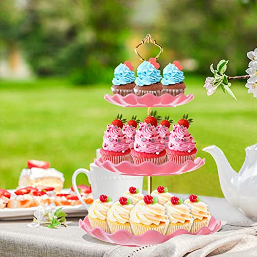 3 Tier Cupcake Stand Holder, BACUTHY Plastic Cup Cake Stand Tower with Tiered Serving Tray for Cupcakes, Donuts, Fruits and More, Pink - color: Pink