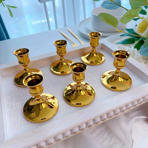 Vintage Gold Taper Candle Holders, Set of 2, Metal Taper Candlestick Holder for Dinner Room Table Centerpiece, Wedding Reception, Festive,Mantel Decoration, Home Decor (Titanium Gold) - color: Titanium Gold, size: Set of 6