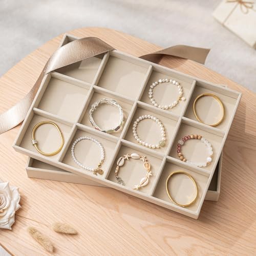pickpiff Drawer Jewelry Organizer & Display Trays: 2pcs 12grid Velvet Stackable Jewelry Case (13.8x9.4x1.2inch) - Soft Beige Necklace Holder Bracelet Display Watch Box - size: 12 grids + 12 grids