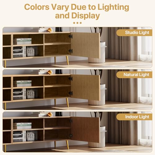 Modern 86in TV Stand for Living Room, Fluted Design Entertainment Center with Adjustable Shelves,Media TV Console Table with Storage for Bedroom,Nature - color: Natural