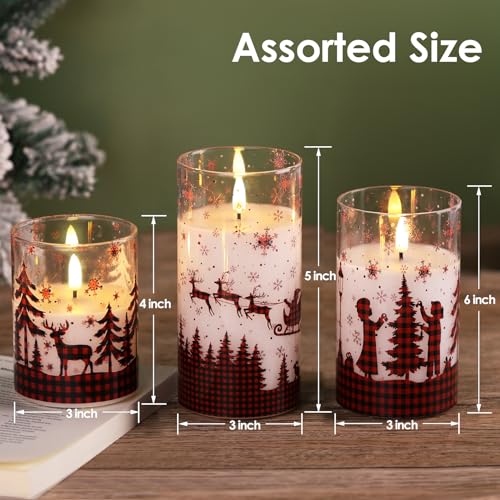 Eywamage Christmas Flameless Pillar Candles with Remote, Red Buffalo Plaid Table Decor, Flickering LED Pillar Candles Set of 3 - color: Red Buffalo Plaid
