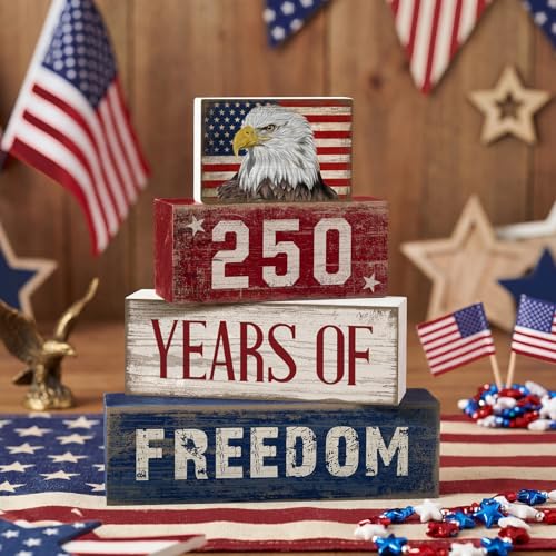 4 Pcs 250th Anniversary 4th of July Decorations USA Patriotic Memorial Day Tabletop Decorations Eagle Red White Blue Table Centerpieces American Flag Sign for Office Tiered Tray Home Shelf Party - style: Eagle Flag