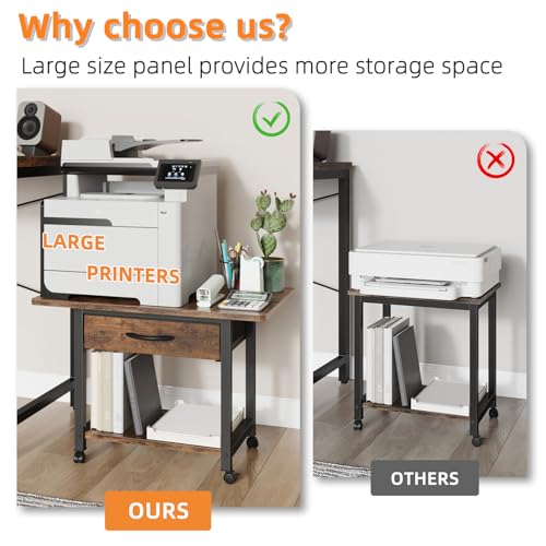 YAOHUOO Large Printer Stand with Storage Drawer, 2-Tier Under Desk Table for Home Office, Fits Fax Machine/3D Printer/Scanner (Brown) - color: Rustic Brown, size: 2-Tier