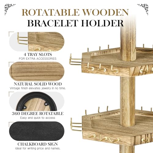 LadyRosian 3-Tier Wooden Rotating Jewelry Display Stand | Bracelet & Keychain Organizer with Advertising Board | 54 Hooks Rustic Holder for Vendor Booth & Stores (3-Tier Round Hexagon) - color: 3-Tier Sleek Round Organizer