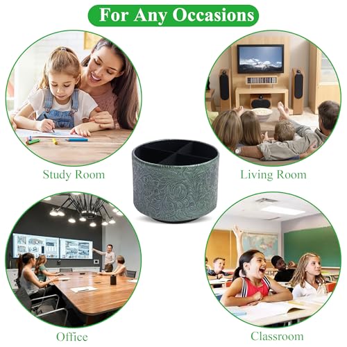 lizimandu Round Leather Art Supply Organizer,Remote Control Holder,360 Degree Spinning,Multi-Functional Pencil Holder,4 Compartments Desktop Stationary Organizer(1-Carved Metal Green1) - color: 1-Carved Metal Green1
