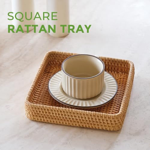 Rattan Serving Tray, Square Woven Storage Basket, Wicker Baskets for Organizing, Natural Wicker Decorative Serving Baskets for Organizing Tabletop Bathroom Kitchen Counter Square - style: S (8.2" × 8.2")