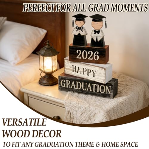 2026 Graduation Table Decorations Class of 2026 Senior Tiered Tray Decor Wooden Block Signs Farmhouse Congrats Grad Tabletop Party Centerpiece for Tables Wooden Sign for Home Decor - style: graduate