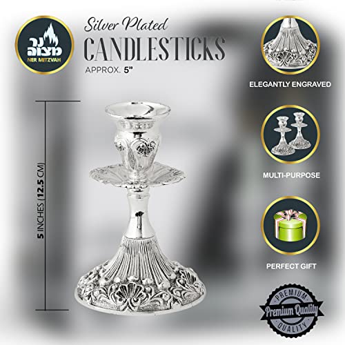 Silver Plated Candlesticks - 2 Pack Set - Pair of 5 Inch Ornate Candle Holders with Round Base and Floral Design - size: 5 inches