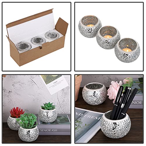 OwnMy 3PCS Mosaic Glass Tea Light Holders Round Bowl Votive Candle Holders Pillar Candle Stands, Silver Glass Mosaic Tealight Holders Potted Plant Bowl Vase Candle Centerpiece for Dining Table Wedding - color: Silver