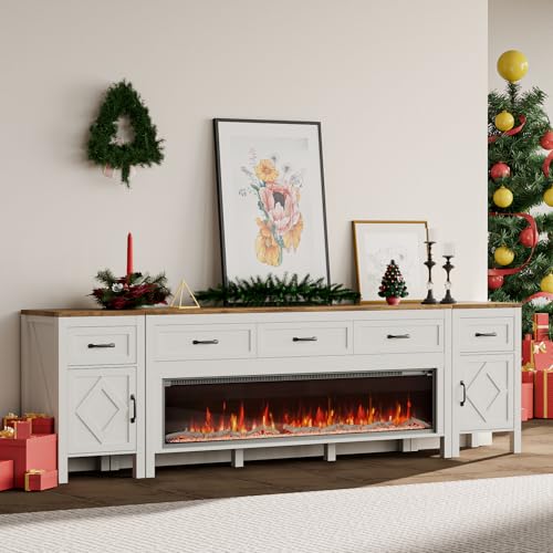 BVIUNTWO Modern TV Stand with Fireplace for TVs Up to 100 Inch,Entertainment Center with 60" Electric Fireplace,98" TV Console with Storage Cabinet Drawers for Living Room(Off White) - size: 98 Inch
