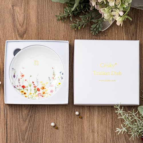 Crisky Initial Jewelry Tray Ring Dish & Gift Box, Ceramic Flower Trinket Dish for Rings Earrings Necklaces Keys, Bridal Shower Engagement Birthday Gift for Women, Friends 4.57" (Gold Foil N - style: Initial N