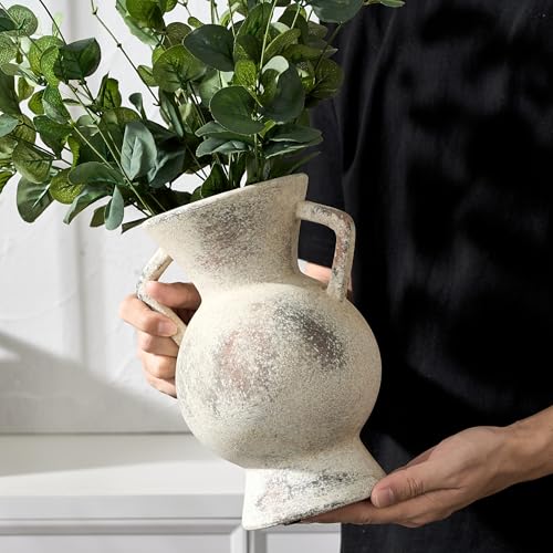LUKA Antique Ceramic Vase with 2 Handle,9.25 inches Rustic Vase Minimalist Decor, Decorative Vases for Home Decor, Table, Living Room, Shelf, Christmas Decoration(Large,Gray) - color: L-gray(9.25 In)