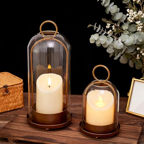 Hurricane Candle Holders Set of 2, 5" & 4" Metal and Glass Candle Lantern with Clear Dome for Pillar Candle, Wedding & Christmas Table Centerpiece, Farmhouse Home Decor (Brass, Large & Small) - color: Brass