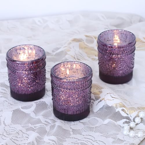 VOHO 12pcs Sunflower Purple Votive Candle Holders for Table Centerpiece, Mercury Tealight Candle Holder for Wedding Decor, Boho Tea Light Candle Holder Glass Gifts for Easter Halloween(2.1x2.6 In,W/H) - color: Purple