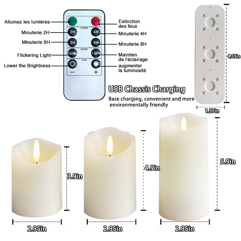Rechargeable Flameless Candle, Flashing LED Pillar Real Wax Candle with Remote Control and Timer,Decorative Electronic Candles, 1 Set of 3 - color: White-Droplet 3Pcs
