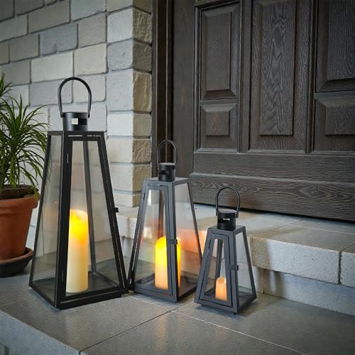 TRIROCKS Set of 3 Decorative Candle Lantern 11/16/21''H Metal Outdoor Candle Holder Hanging Lantern with Tempered Glass for Christmas Home Living Room Parties Event Indoors Outdoors (Black Triangle) - color: Black