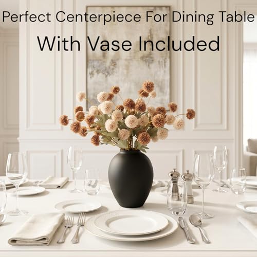 Artificial Flowers with Vase for Home Decor - Faux Mum Flower Arrangement Centerpiece, 12 Stems Beige and Brown Silk Flowers in Black Iron Vase for Dining Table Living Room Office Bedroom - size: Beige/Brown in vase