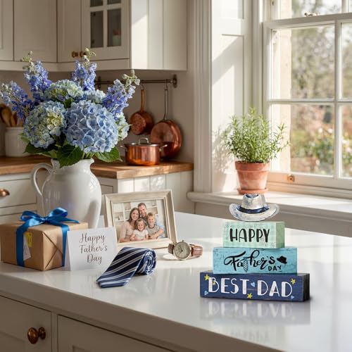 Smile Happy Father's Day Wooden Table Decor Best Dad & Cowboy Hat Desktop Signs Tabletop Decorations for Home Office Shelf - Gift for Dad, Husband, Grandpa - style: Father
