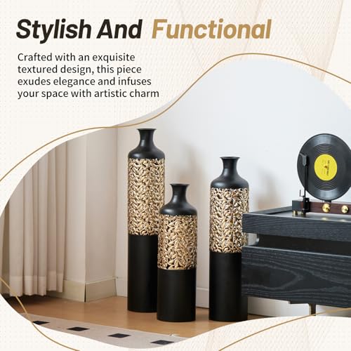 Floor Vases, Tall Home Decor Metal Vase Set of 3 Large Glazed Decorative Vases for Wedding Decor, Elegant Modern Flower Holder for Living Room, Entryway, Hallway, Dining Room - color: Leaf Cluster Black Gold