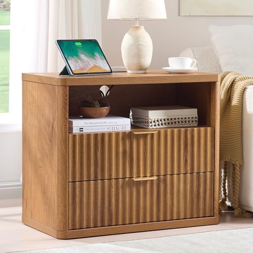 LEYAOYAO 31" Wide Fluted Nightstand with Charging Station, Oversized Extra Large 2 Drawers Night Stand,Brown Wood Bedside Table,Tall Bed Side End Tables,Modern Chest of Drawers Dressers for Bedroom - color: Brown, size: 2 Drawers