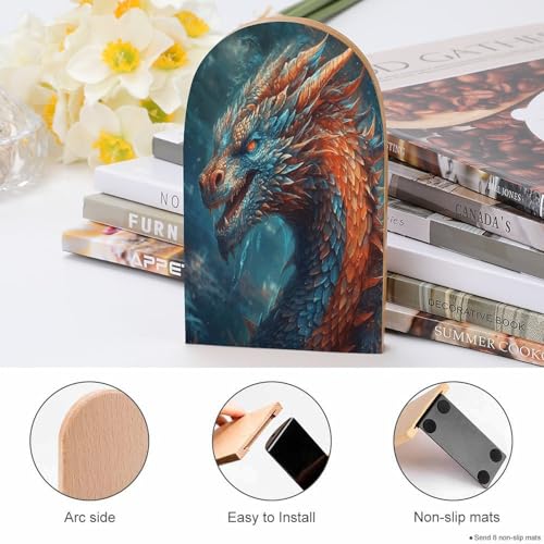 Dragon Art Bookend Wood Book End for Shelves Heavy Duty Non-Slip Wooden Bookend Support Universal Economy Bookends Fancy Modern Decorative Book Accessories 1 Pairs