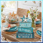 Yuntau 4 Pcs Summer Table Decorations Beach Tiered Tray Decor Starfish Coastal Rustic Wooden Block Sign Stacked Book Nautical Table Centerpiece for Farmhouse Home Living Room Office Desk Shelf Mantel - style: Starfish