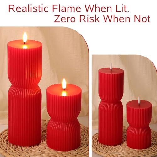 Red Ribbed Flameless Pillar Candles with Remote, Battery LED Wax Candles Flickering Valentines Day Decor Gift Set of 2 - color: Red