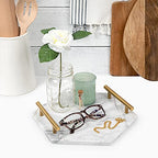 White Marble Tray with Gold Handles - Solid Marble Perfume Tray for Vanity - Chic Modern Hexagon, Room Decor Elegant Bathroom Tray (Hexagon, White) - size: Hexagon 12" x 12" x 3"