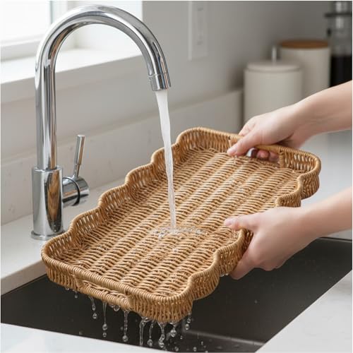 Scalloped Tray Rectangle with Handles, 13.98 x 9.84 x 1.77 Inch Hand Woven Serving Trays Rustic Plastic Coffee Table Decorative Tray for Living Room, Kitchen, Bathroom, Dining Table Decor