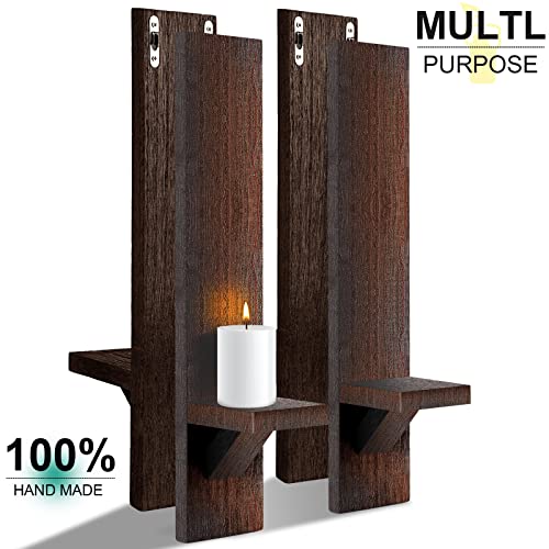 Potchen 4 Set Wooden Wall Candle Holder Sconces Mount Decorative Holders Decor Rustic Hanging Shelf Living Room Decoration for Farmhouse Bathroom Bedroom Vase Living Room(Brown) - color: Brown