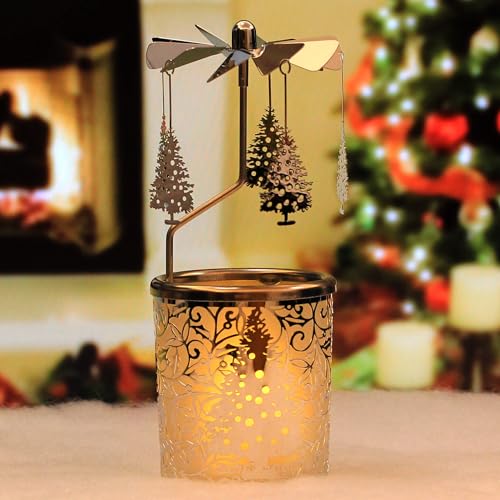 iLaJao Rotary Tea Light Carousel Angel Rotary Candle Holders Spinning Tealight Holders Christmas Decoration for Tabel Centrepieces Gift for Mom Women Wife Birthday-6 ¼ Inch Tall (Tree) - color: Tree