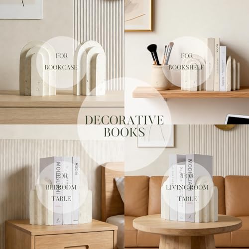 Book Ends for Heavy Books, Beige Modern Pleasing Layered Arch Design Aesthetic Bookend Decorative, Concrete Book Ends to Hold Books Heavy Duty for Bookshelf Decor, Home Decor, Office Decor