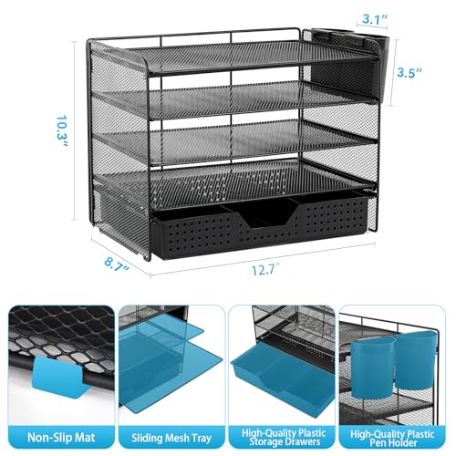 LEKETREE Desk Organizer and Accessories, 5-Tier Paper Letter Tray Organizer with Drawer & 2 Pen Holders for Desktop File Organization, Office Desk Accessories for Supplies Storage (Black) - color: Black, size: 12" x 8" x 10"