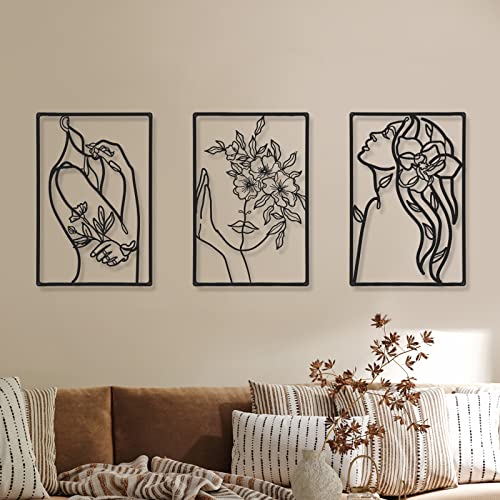CHENGU 3 Pieces Minimalist Metal Wall Art Decor, Abstract Woman Line Art Wall Decor, Modern Metal Sculpture for Living Room Bedroom Bathroom Apartment Aesthetic Home Decoration - style: Flower