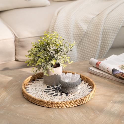 StorageWorks Decorative Coffee Table Trays for Home Decor, Round Rattan Tray with Mother of Pearl Inlay, Small Wicker Woven Serving Tray Decor for Kitchen Counter, Living Room and Ottoman, Blue - color: Blue Petal, size: 11.8"