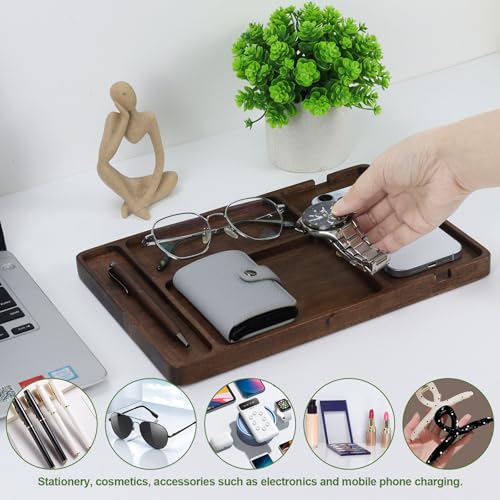 MultiBey Walnut Wood Valet Tray - Wooden Nightstand Organizer for Men Women, 4 Slot Desk Drawer Organizer Tray, EDC Catch All Tray with Cable Slot for Phone Watch Wallet Key Jewelry - color: Walnut
