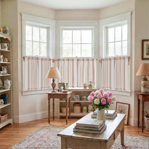 jinchan Liora Boho Kitchen Curtains 24 Inches Linen Tier Curtains with Geometric Pattern Bohemian Cafe Small Light Filtering Window Treatment for Living Room RV Back Tab 2 Panels Terracotta on Linen - color: Liora | Terracotta on Linen, size: 26"W x 24"L