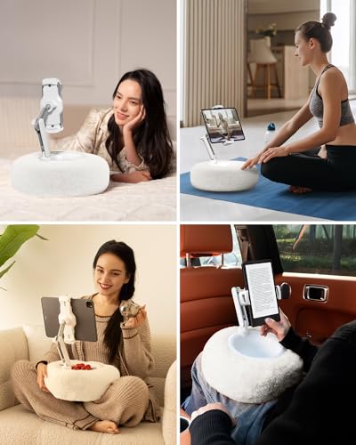 Viozon Tablet Stand Pillow, Compatible with 4.7"-13" Phone/Tablet, iPad, iPhone, Samsung, Google, Kindle, 360°Adjustable Phone Holder for Bed with Soft Plush Fabric, and Detachable Bowl, White - color: White