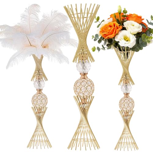 VIJIV Gold Vase for Wedding Centerpieces Table, 24" Tall Luxury Hourglass Metal Trumpet Vase for Flower Arrangement & Ostrich Feathers Holder, Perfect for Wedding Galas, Anniversary & Formal Events - size: Tall-23.7IN