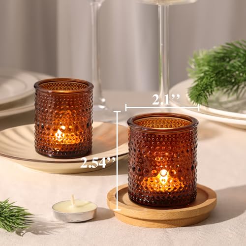 30 Pcs Amber Votive Candle Holders, Amber Glass Candle Holder with Polka Dot Embossed, Vintage Votive Candle Holders for Boho Weddings, Home Decor, Baby Shower, Special Occasions - color: Amber