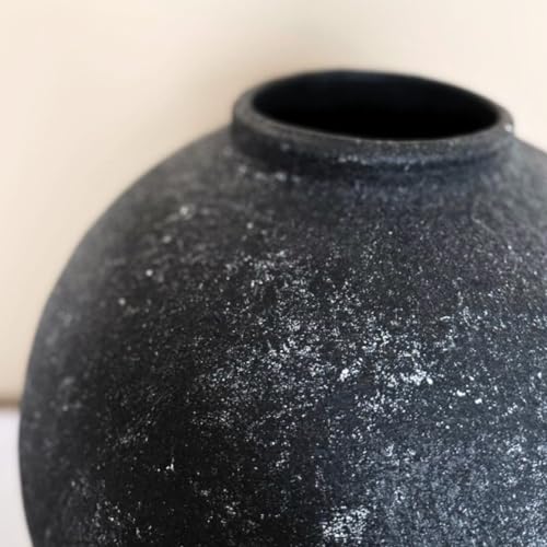 Handmade Large Rustic Ceramic Vase 10.6 inches Tall, Farmhouse Stone Decor, Big Black Round Vase Living Room Home Decor, Earthy Textured Large Vases for Centerpieces Console Table - color: Black