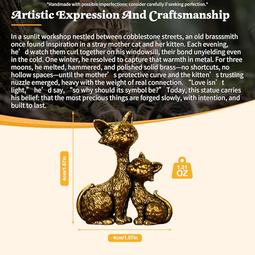 CHOVY Solid Brass Mother & Kitten Cat Statue - Handcrafted Vintage Figurine 100% Pure Metal, Artisanal Collectible Sculpture for Desk, Curio Cabinet & Mid-Century Home Decor Display - color: Big and Little Cats