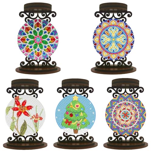 BAYUNOE 5Pcs DIY Candlestick Holders Wooden Desktop Diamond Art Painting Candle Holder Double-Sided Diamond Vintage Modern Decorative for Table Mantel Wedding Dinning Party - color: 5pcs