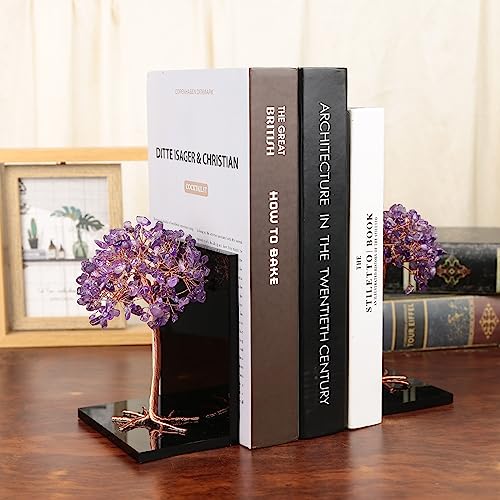 mookaitedecor Natural Amethyst Crystal Money Tree Stones Bookends, Decorative Acrylic Stone Tree Book Ends for Shelves Desktop Organizer Home Office,5.7-6.3inch (1 Pair) - color: Purple, size: 5.7-6.3 Inch