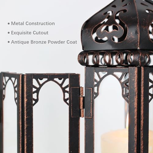 DECORKEY Vintage Medium Size Candle Lantern Decorative, Moroccan Style Vintage Hanging Lantern with Clear Glass, Metal Tabletop Lantern Decor, Indoor Outdoor Candle Holders for Coming Season - color: Clear 1, size: Medium